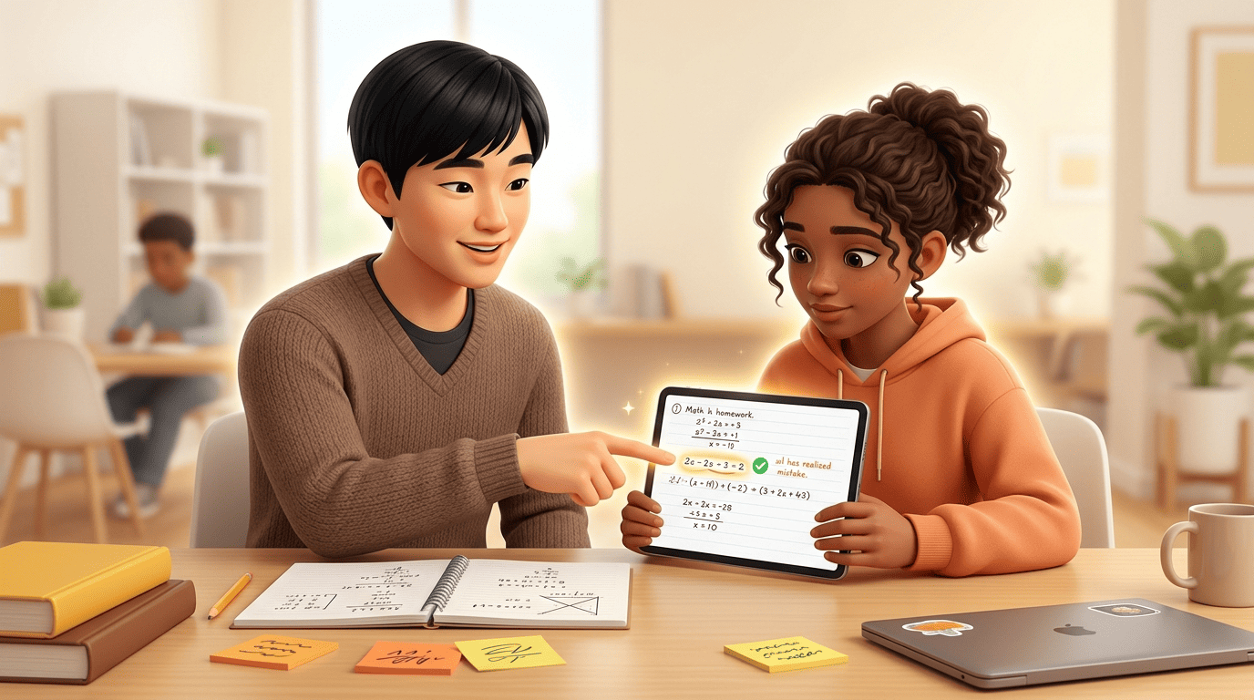 A tutor and student reviewing already-finished math homework on a tablet, one step highlighted with a checkmark