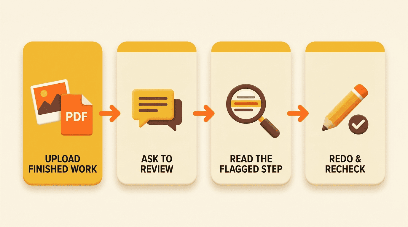 Four-step workflow: upload finished work, ask to review, read the flagged step, then redo and recheck