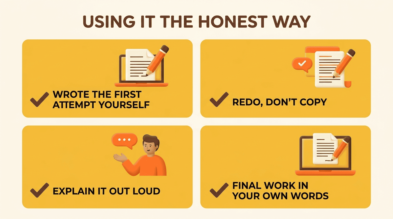 Checklist of honest use: wrote the first attempt yourself, redo don't copy, explain it out loud, final work in your own words