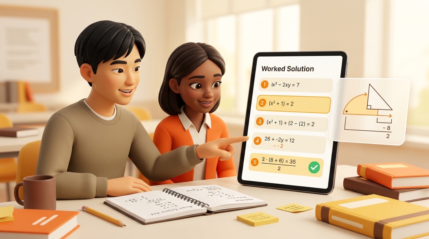 An AI homework helper turning a hard problem into a clear step-by-step worked solution a student understands