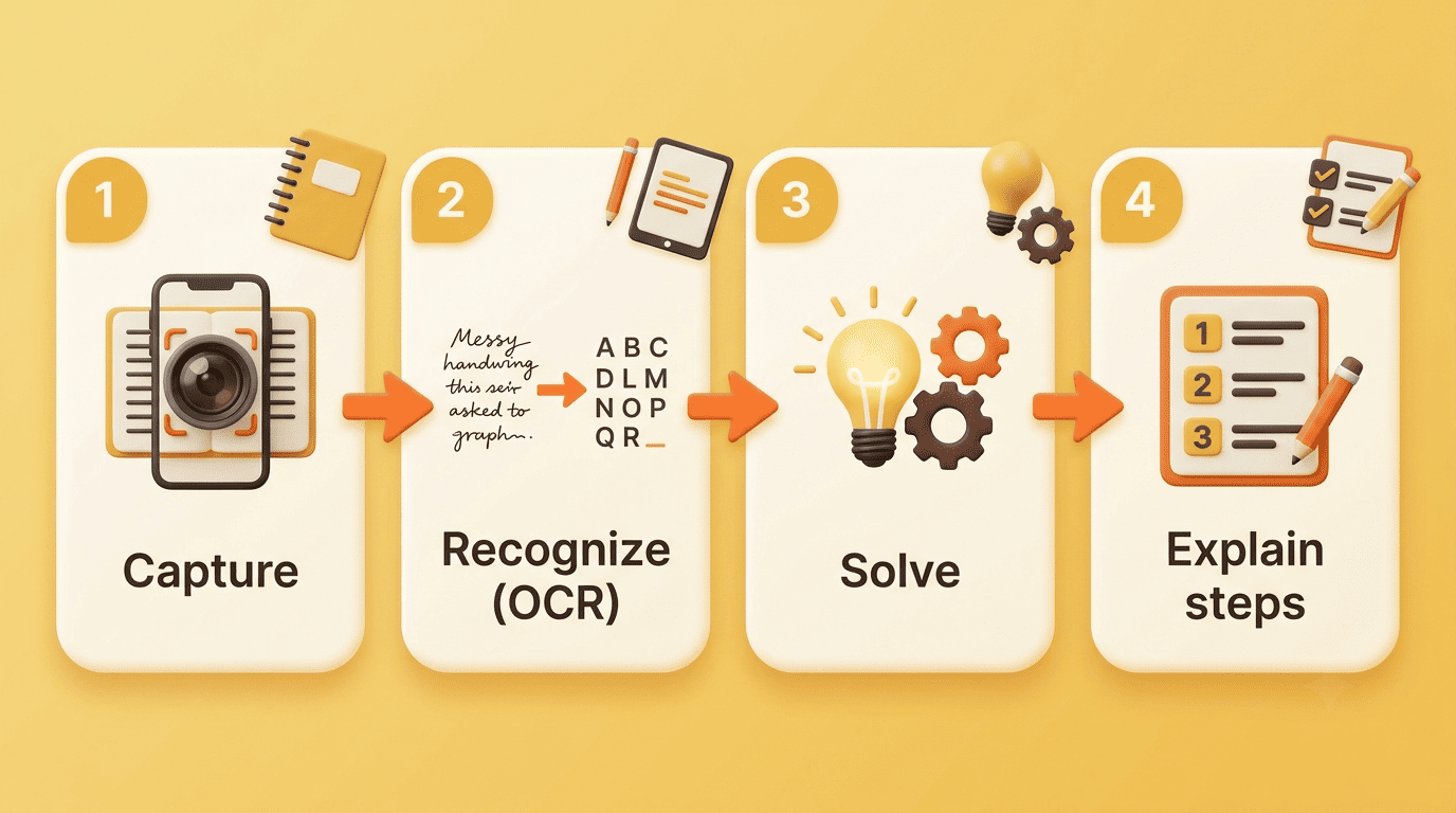 Four-step diagram showing capture, recognize with OCR, solve, and explain steps