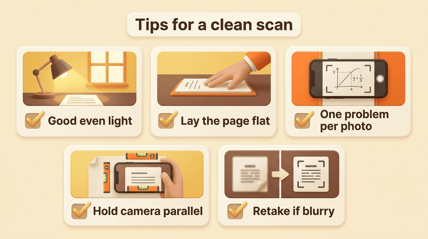 Checklist infographic with five tips for taking a clean homework scan