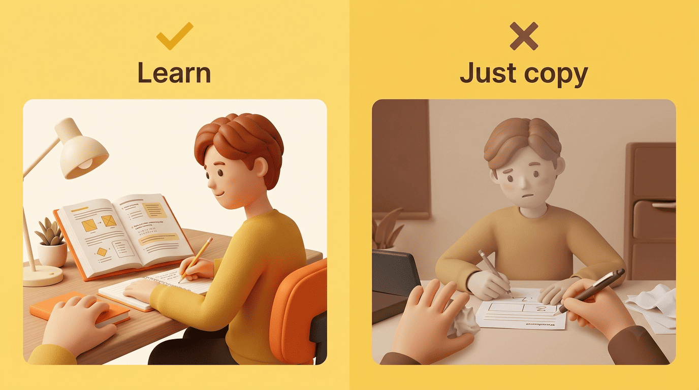Split-screen comparison of learning from the steps versus just copying an answer