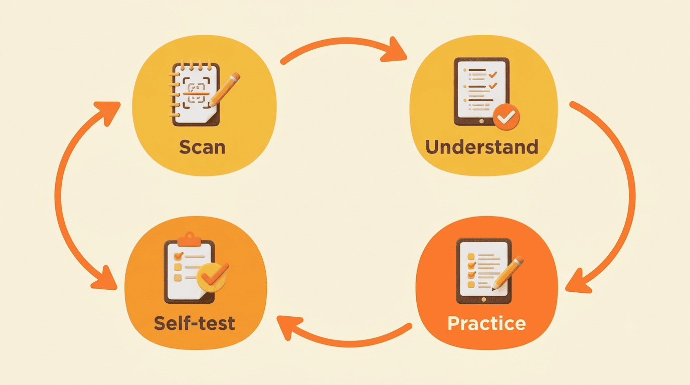 Circular study loop diagram: scan, understand, practice, then self-test