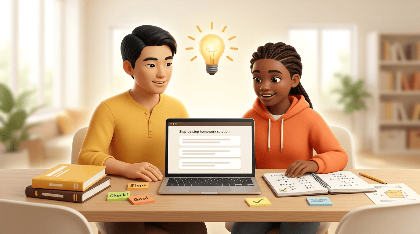 AI tutor Kai and a student reviewing a step-by-step homework solution on a laptop
