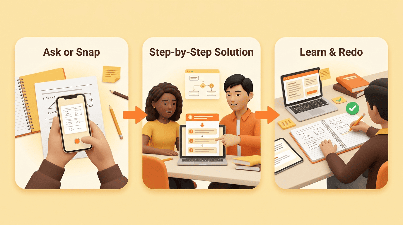 Three-step flow: ask or snap the problem, get worked steps, then learn it by redoing the problem