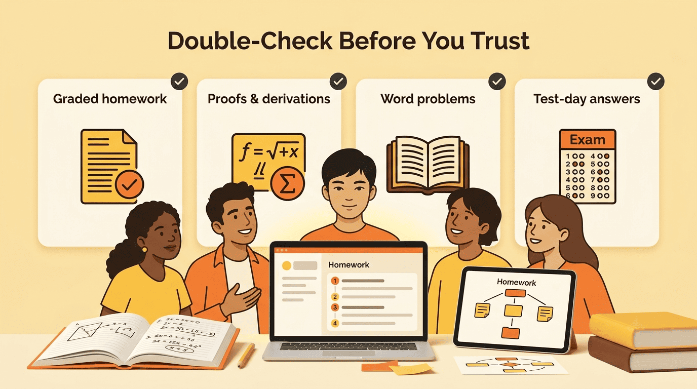 Checklist infographic of when to double-check AI answers: graded homework, proofs, word problems, and test-day answers