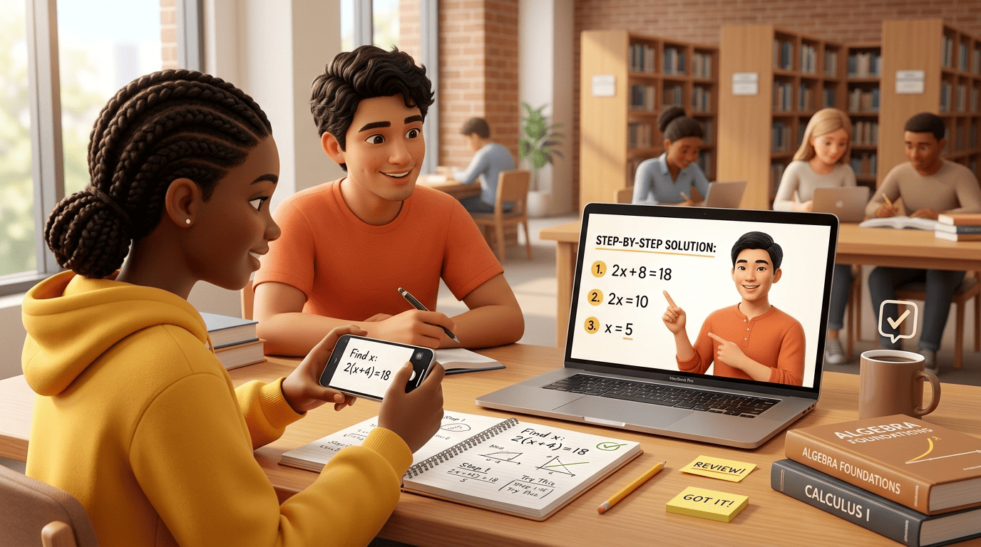 Student photographing a math problem while the AI tutor Kai shows a numbered step-by-step solution