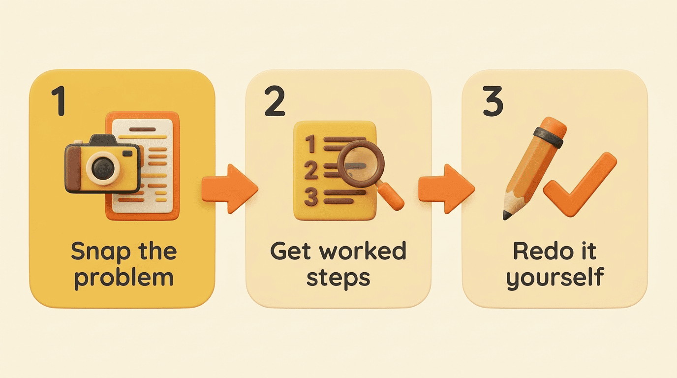 Three-step flow: snap the problem, get worked steps, redo it yourself