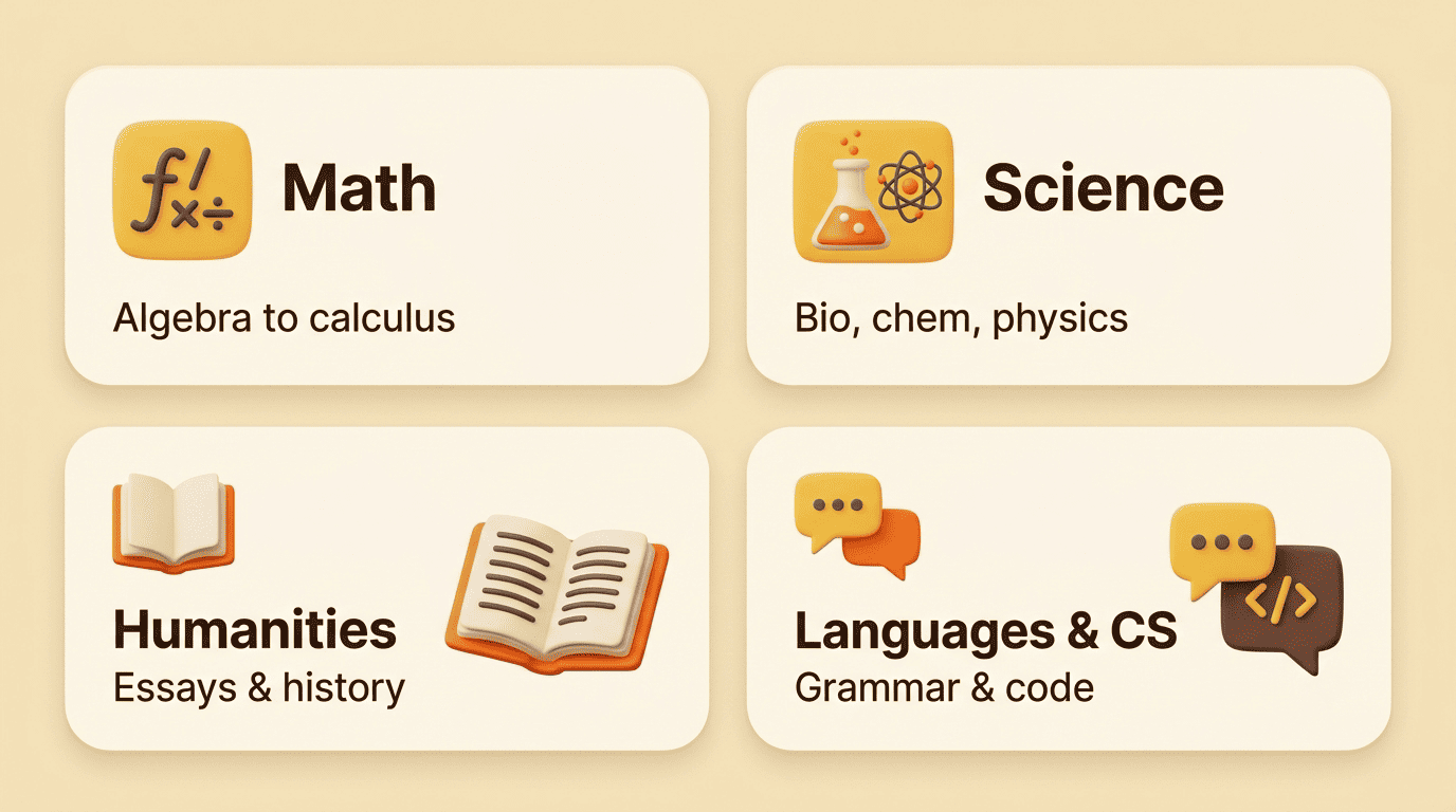 Grid of subject areas an AI homework solver handles: math, science, humanities, languages and CS