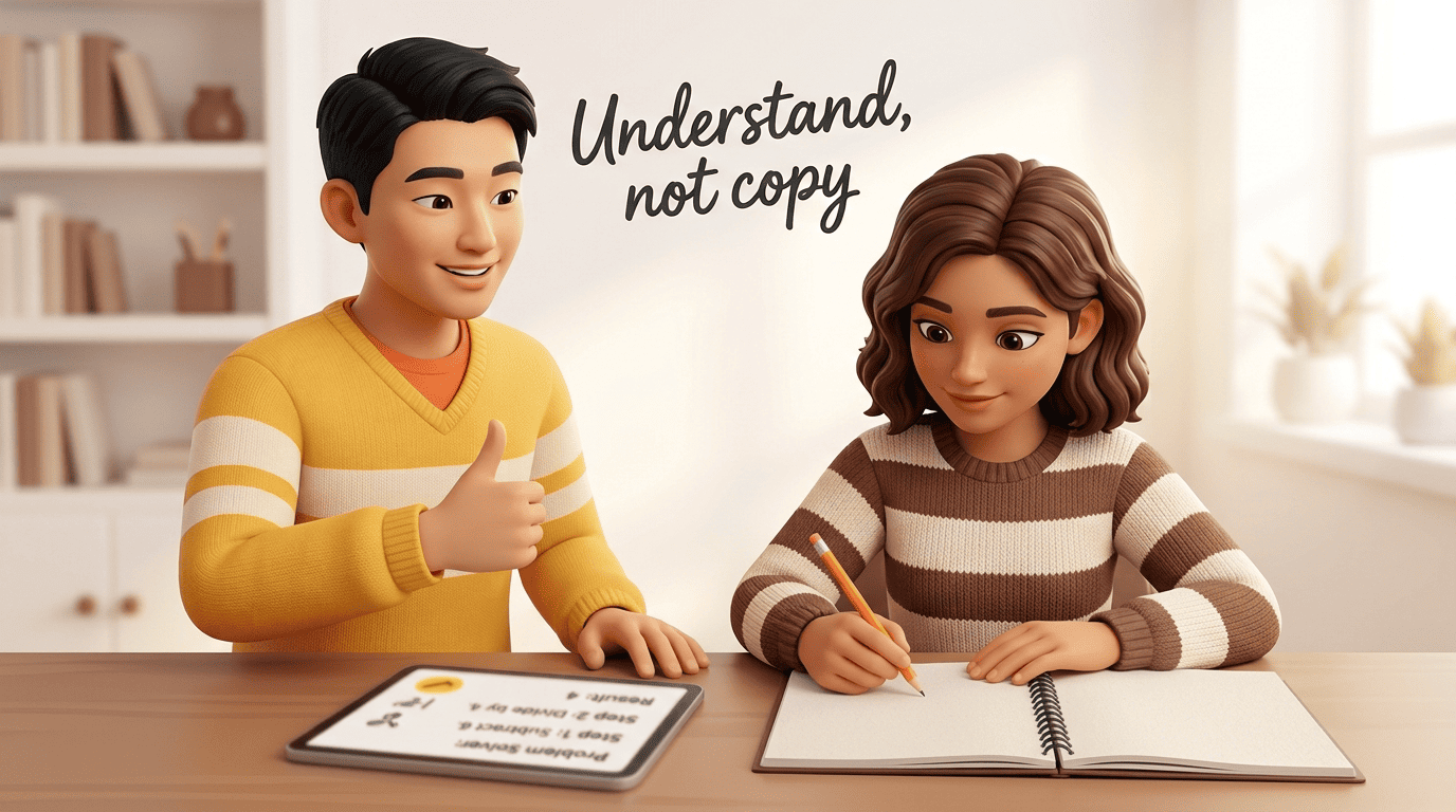 AI tutor Kai gives an encouraging thumbs-up while a student solves a fresh problem on her own