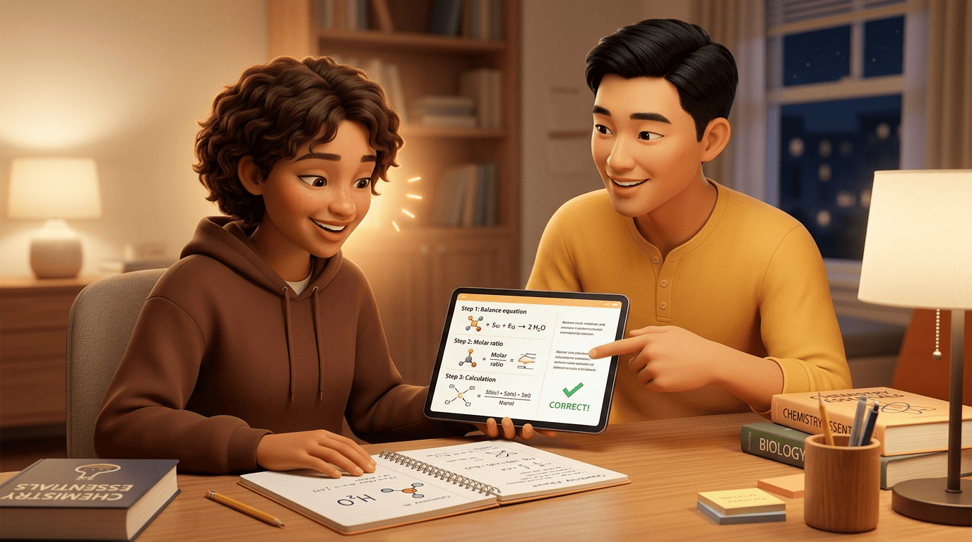 An AI homework tutor explains a chemistry problem step by step to a student having an aha moment