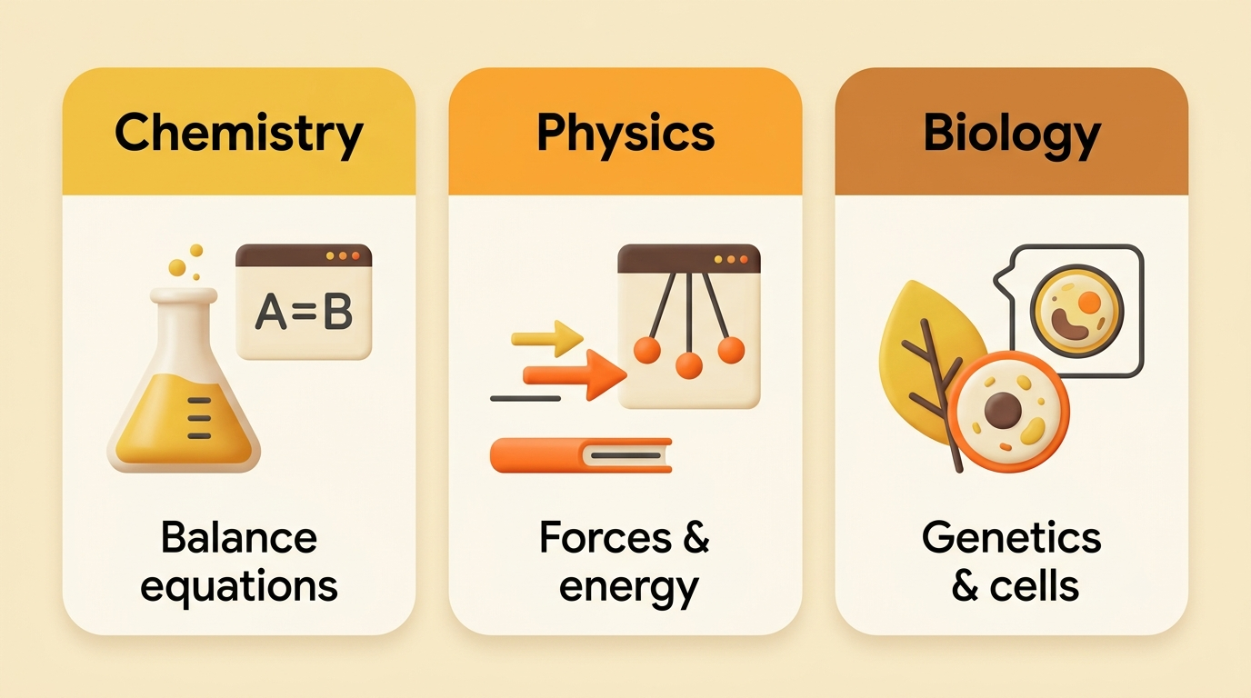 Infographic of three science subjects covered: chemistry, physics, and biology with example topics
