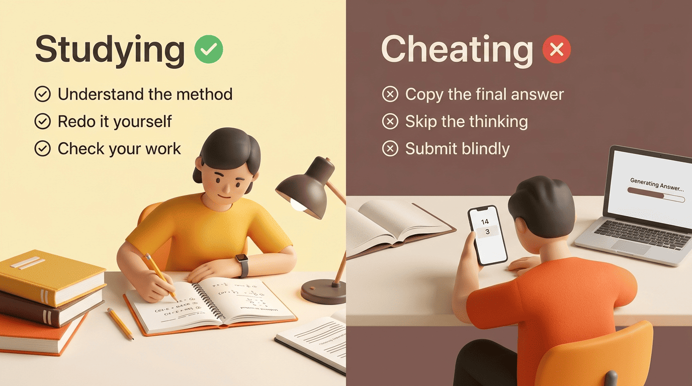 Split comparison contrasting honest studying habits with cheating shortcuts when using AI