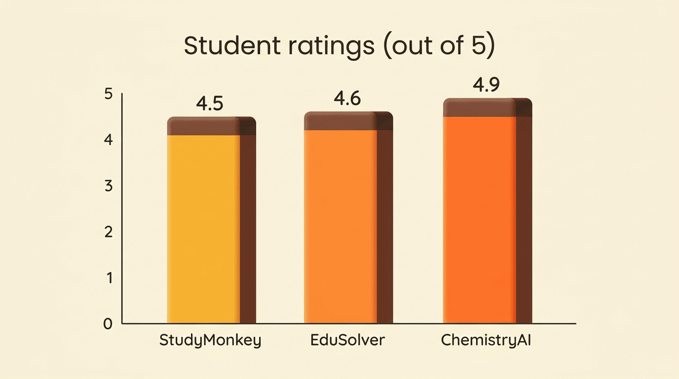Bar chart of student ratings out of five for StudyMonkey 4.5, EduSolver 4.6, and ChemistryAI 4.9