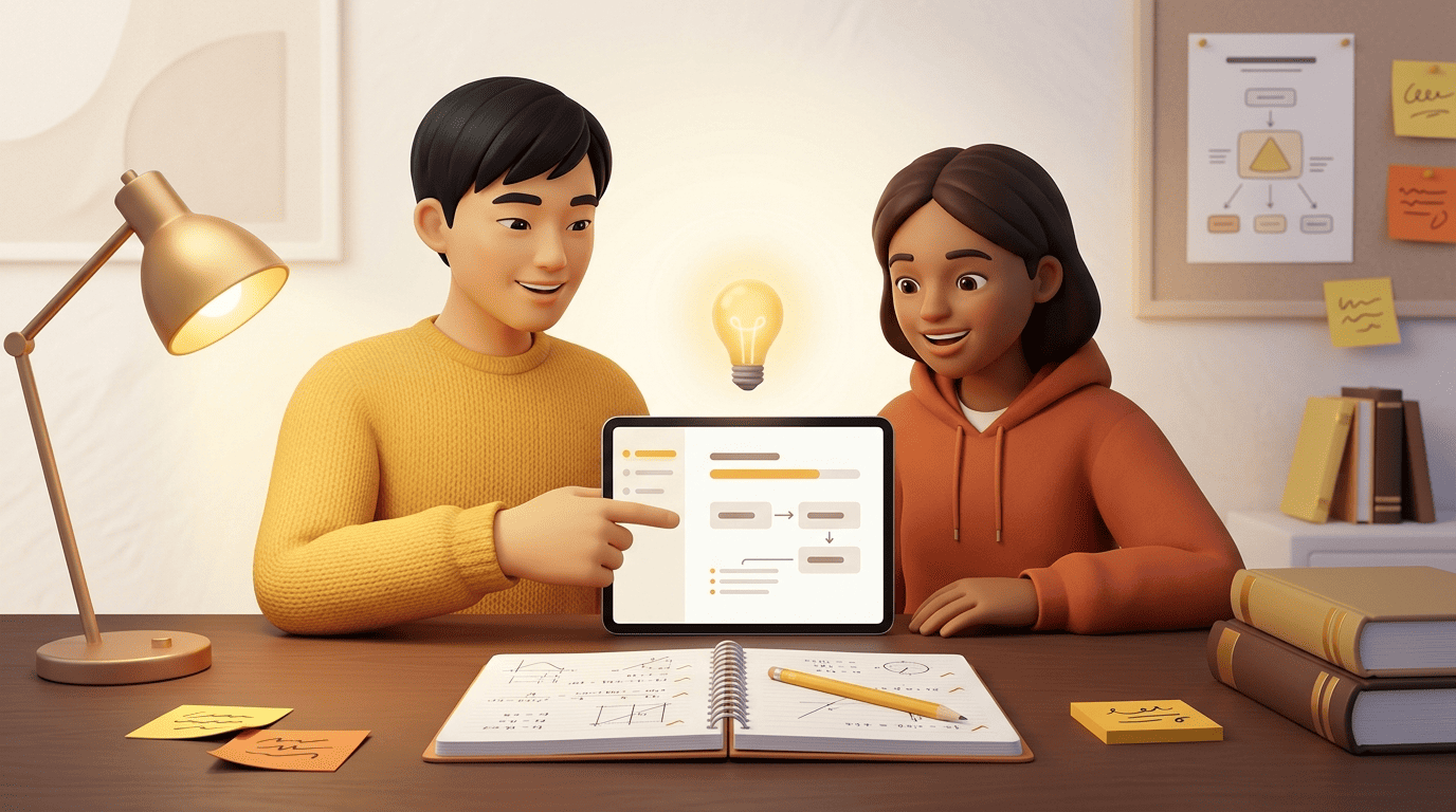 Kai the AI tutor points at a step-by-step homework interface on a tablet as a student has an aha moment at a lamp-lit desk
