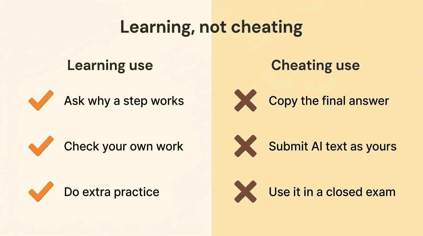 Two-column comparison of learning uses versus cheating uses of an AI tutor, with checkmarks and crosses