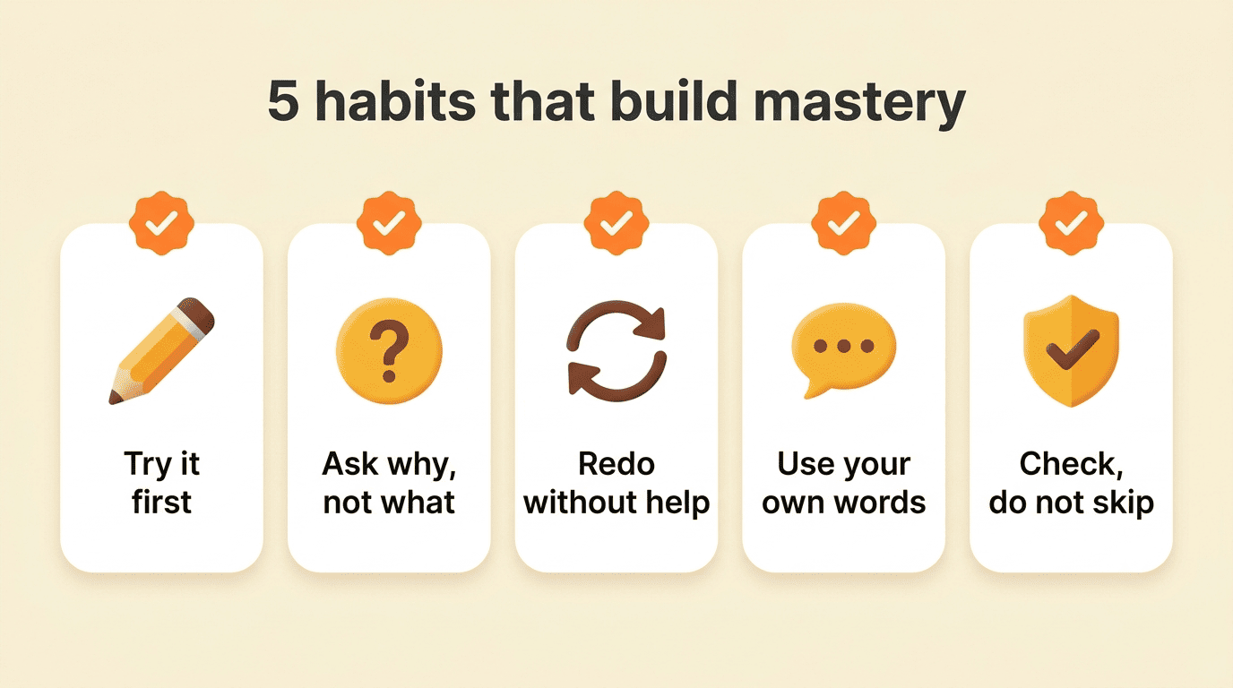 Checklist infographic of five study habits: try it first, ask why not what, redo without help, use your own words, check don't skip