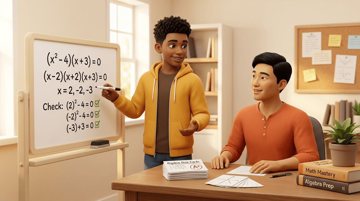 A student re-explains a worked math problem on a whiteboard while Kai listens, with practice quiz cards on the desk