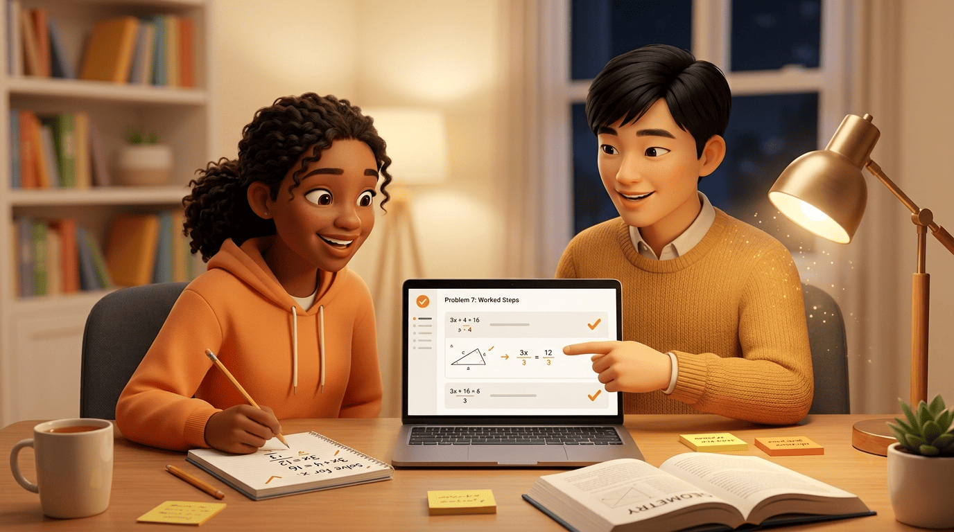 Kai, an AI homework helper, walks a student through a math problem step by step on a laptop