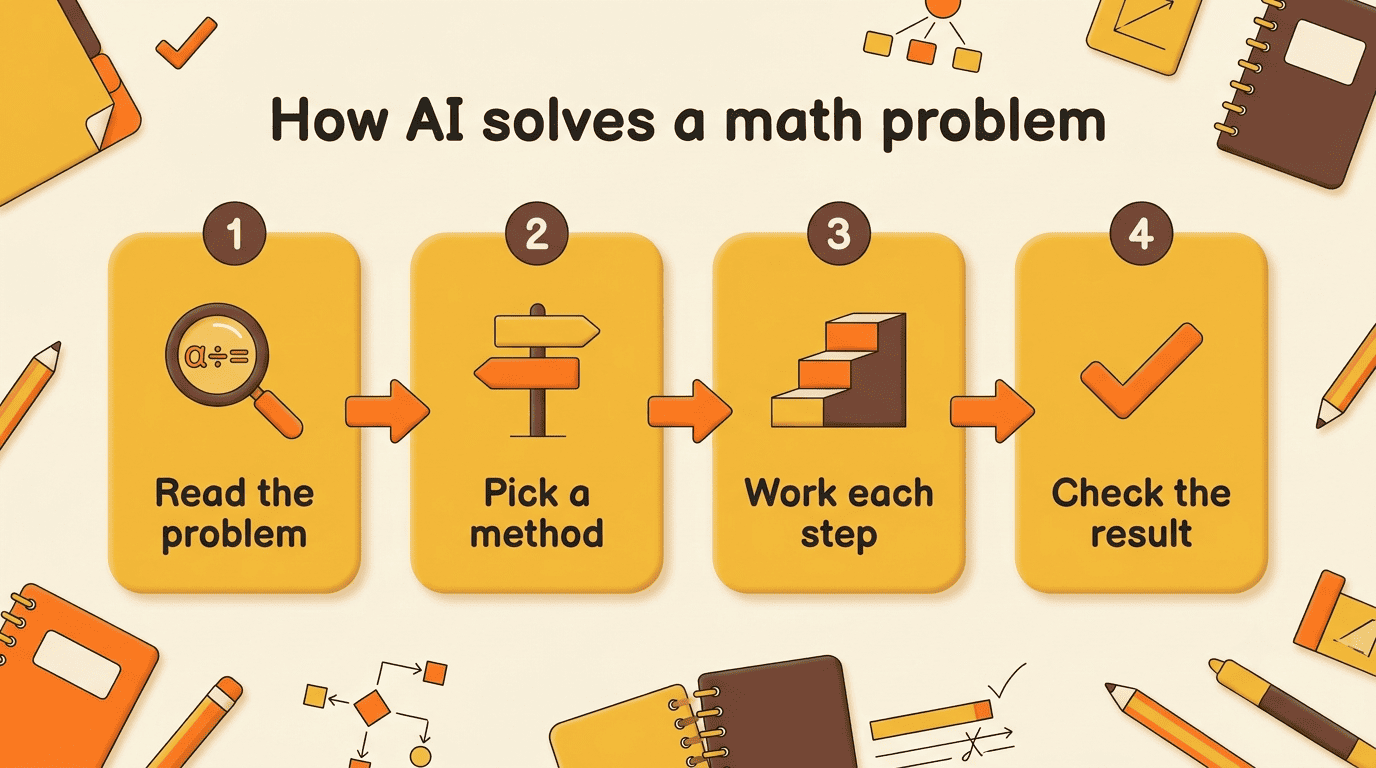Four-step diagram of how an AI math solver works: read the problem, pick a method, work each step, check the result