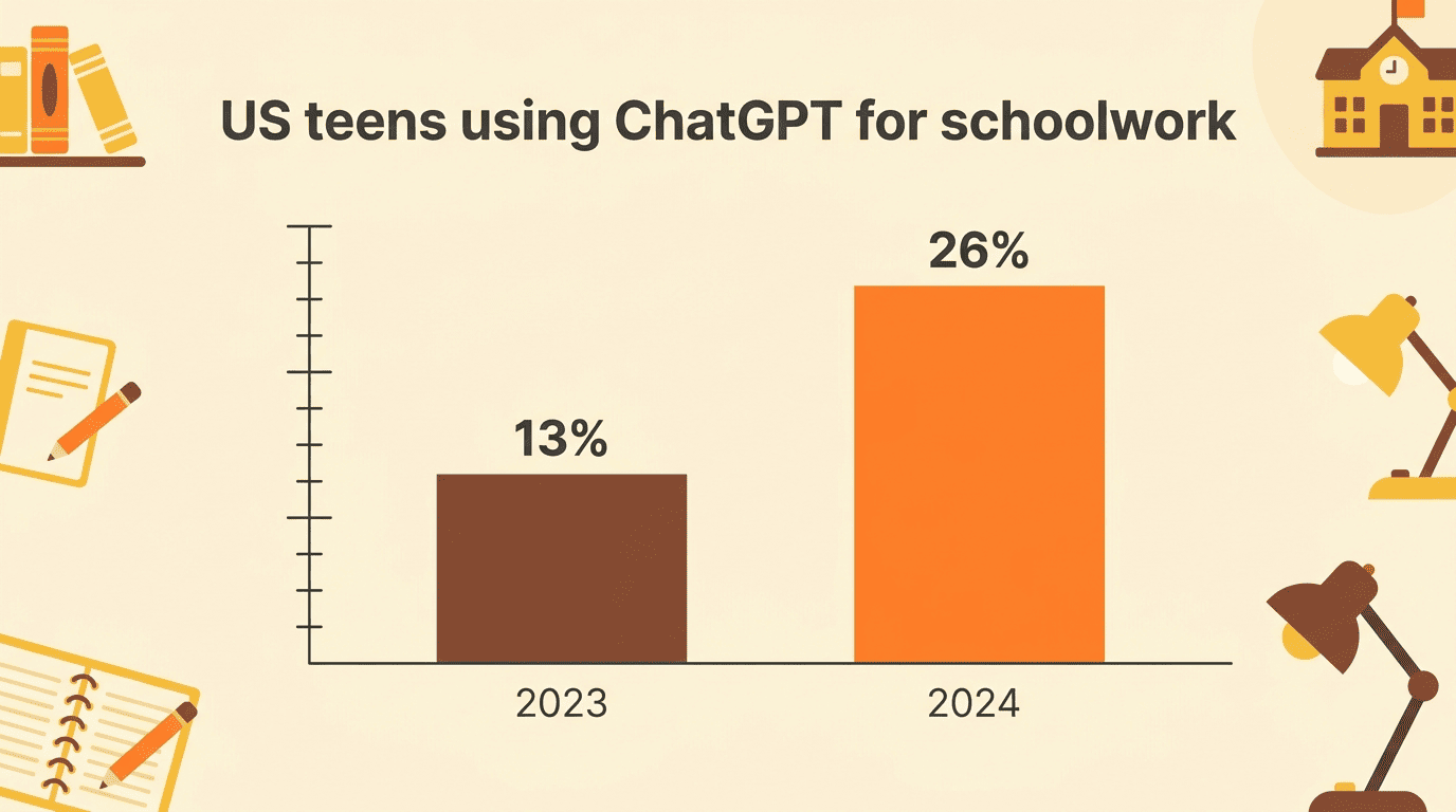 Bar chart showing the share of US teens using ChatGPT for schoolwork rose from 13% in 2023 to 26% in 2024