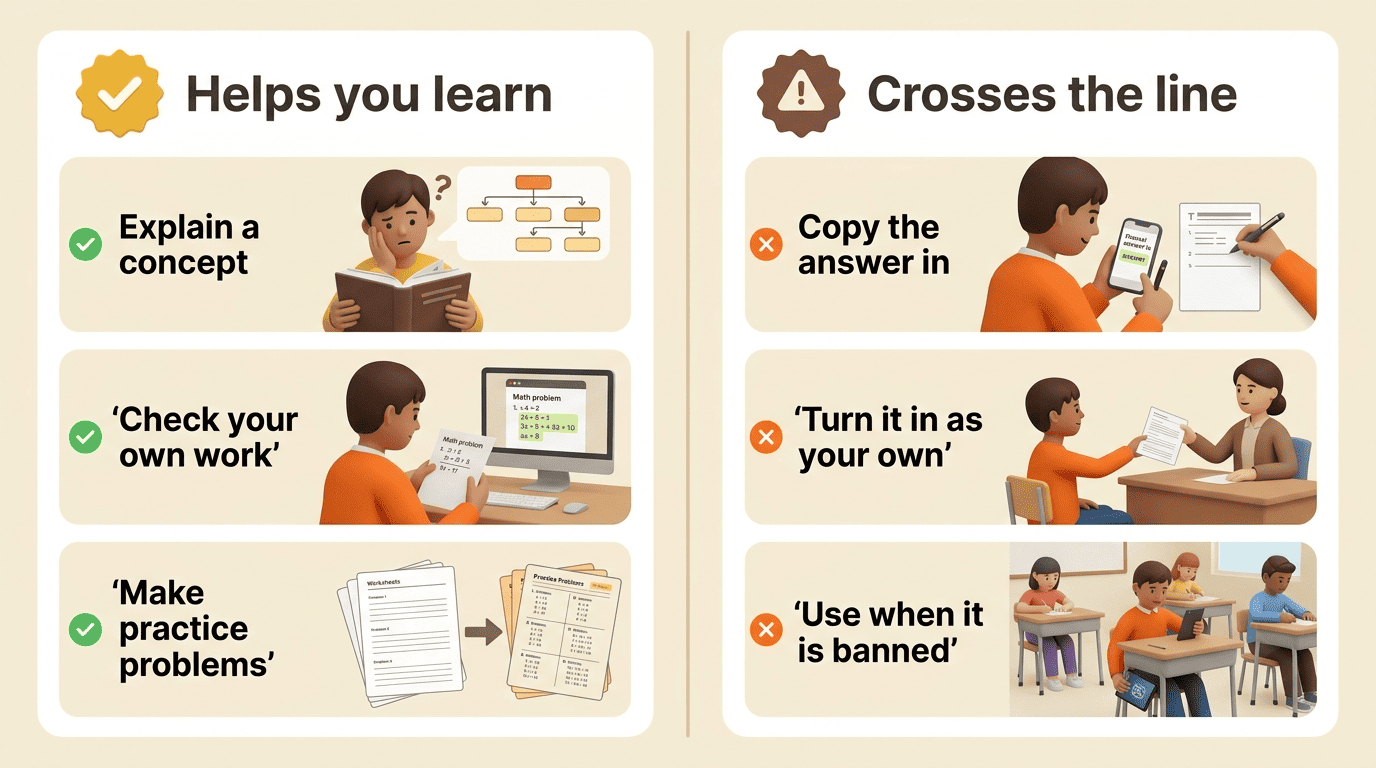 Comparison of acceptable AI use — explain, check, practice — versus cheating — copy, submit as your own, use when banned