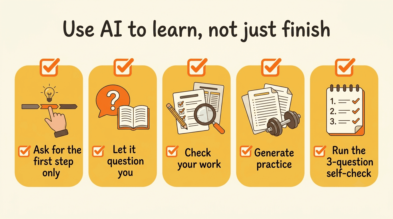 Checklist of five habits for learning with AI: ask for the first step, let it question you, check your work, generate practice, run a self-check