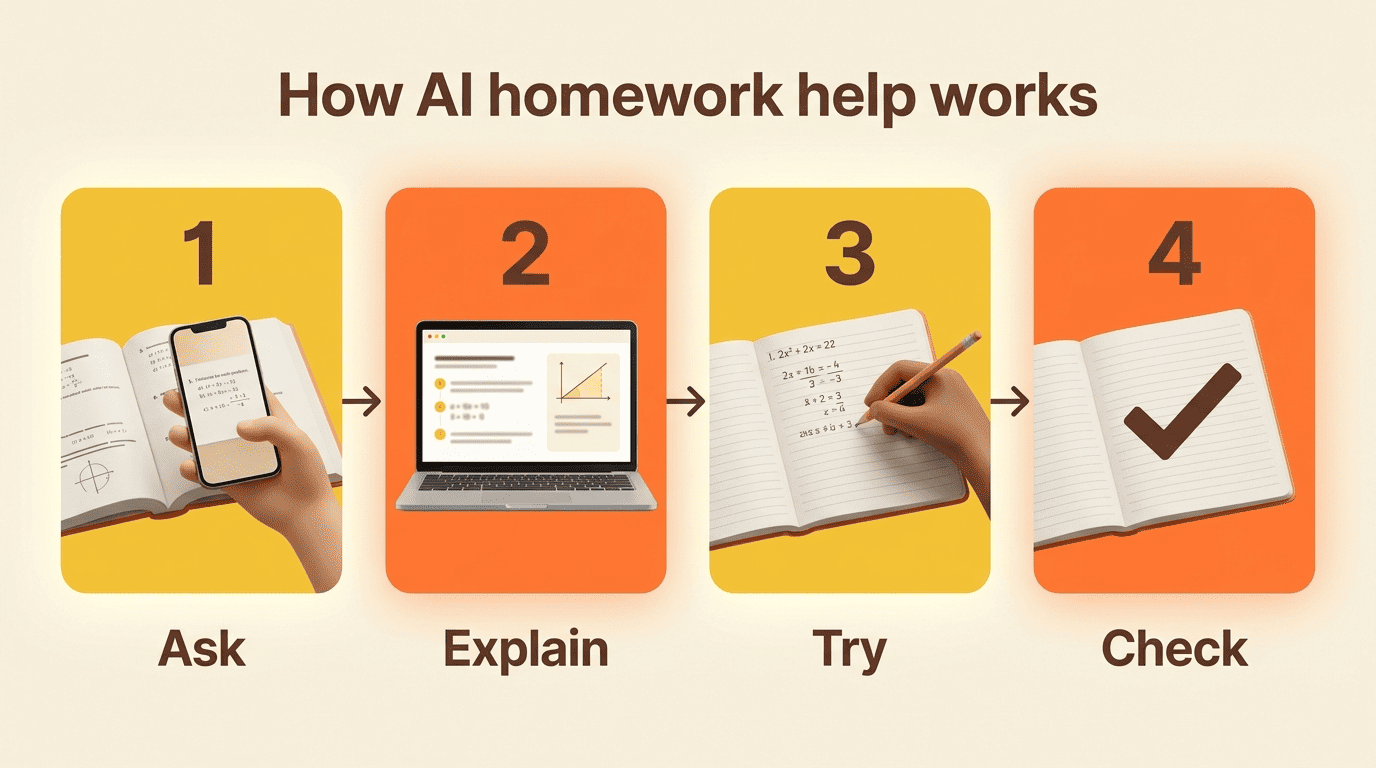 Four-step diagram of how AI homework help works: Ask, Explain, Try, Check