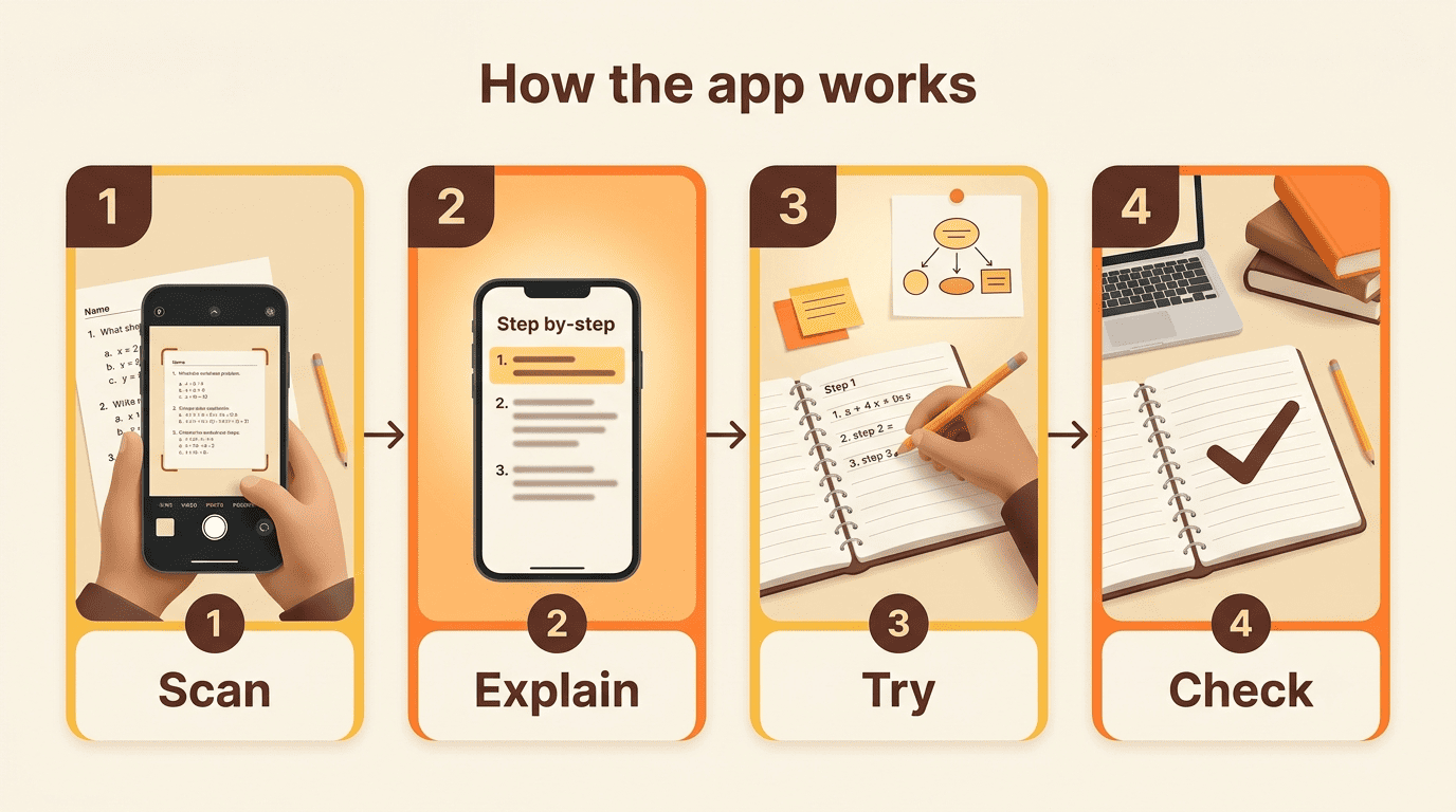 Four-step diagram of how a homework help app works: Scan, Explain, Try, Check