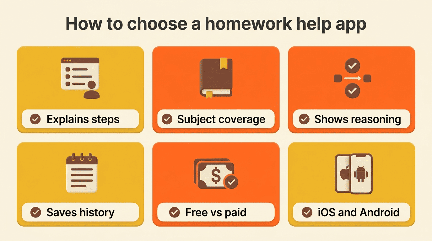 Checklist of what to look for in a homework help app: explains steps, subject coverage, shows reasoning, saves history, price, platform