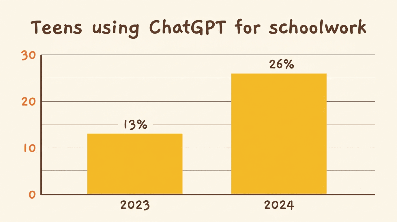 Bar chart: teens using ChatGPT for schoolwork rose from 13% in 2023 to 26% in 2024