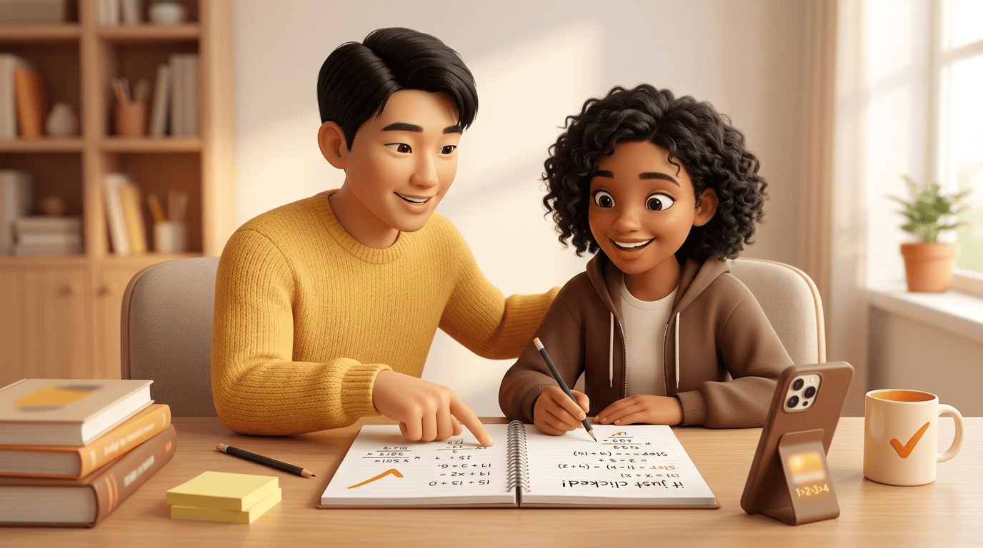 Kai the AI homework helper pointing at a step in a student's notebook as they work through it