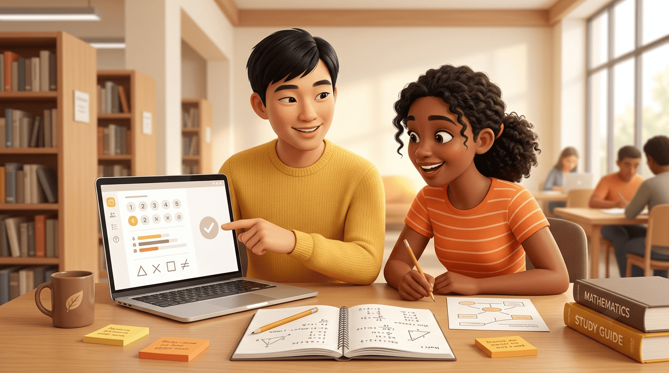 Kai, a friendly AI tutor, explains a step-by-step solution to a college student at a library study desk