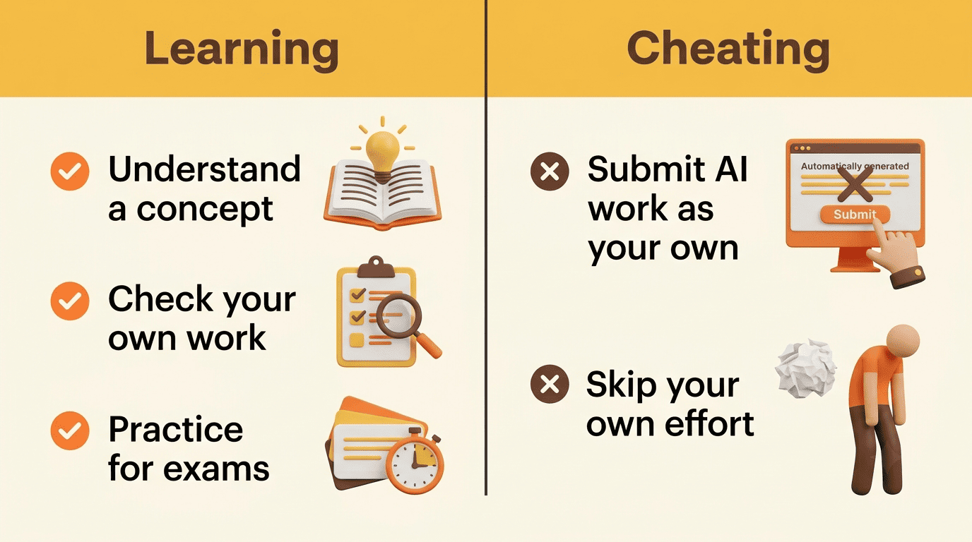 Comparison chart contrasting learning uses of AI homework help with cheating uses