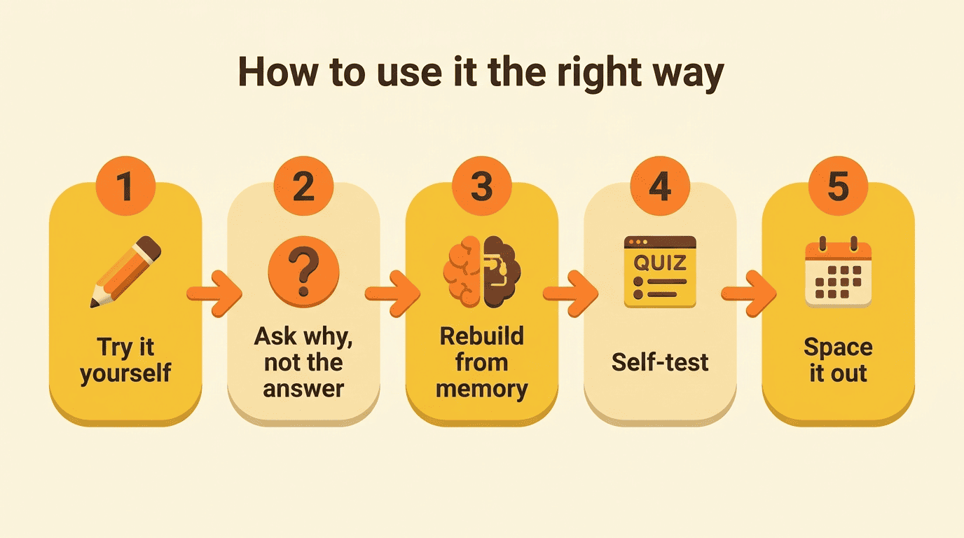 Five-step process flow: try it yourself, ask why not the answer, rebuild from memory, self-test, space it out