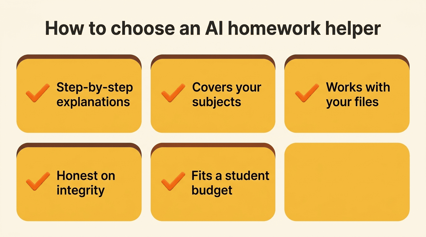 Checklist for choosing an AI homework helper: step-by-step explanations, subject coverage, file support, integrity, budget